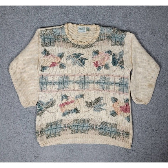 Shenanigans Sweater Womens Medium Cream Tan Floral Hand Knit Cottagecore Vintage - Picture 1 of 6